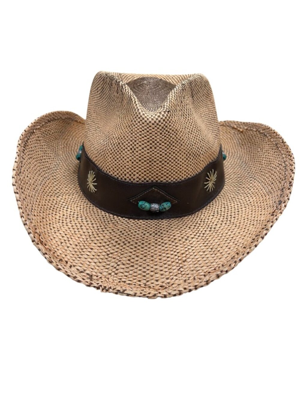 J Hats Straw Cowboy Hat Teal Bead Leather Detail Western Coastal Concert Festiva